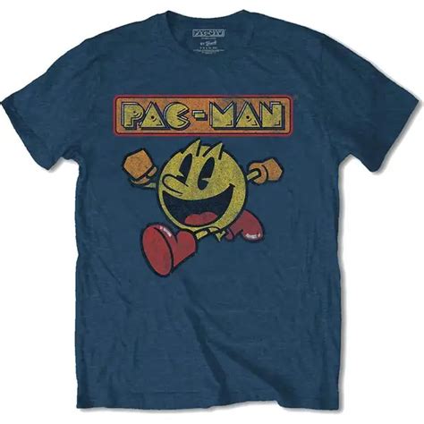 Pac Man Eighties Poster Official Pacman Namco Arcade Game Blue Mens T