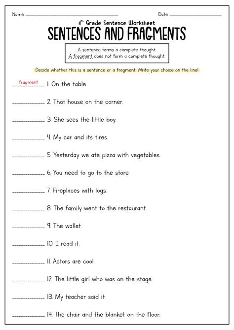 Grammar Worksheet Sentence Fragments