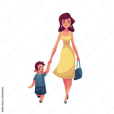 mother and son walking together cartoon vector illustrations isolated on white background