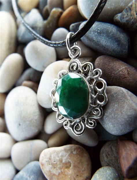 Emerald Pendant Gemstone Silver Necklace Green Handmade Precious Stone