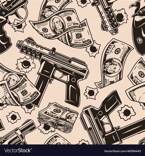 Money And Guns Vintage Seamless Pattern Royalty Free Vector