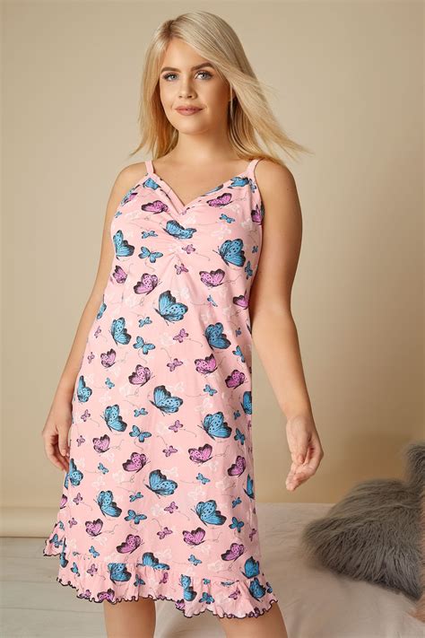 Pink Butterfly Print Frilled Nightdress Plus Size To