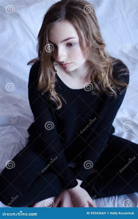 Sad Pretty Girl Looking Down Stock Image Image Of Fashion Depressed