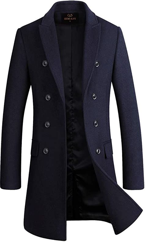 Mens Premium Wool Blend Double Breasted Long Pea Coat Navy Blue