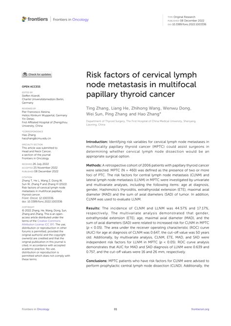 Pdf Risk Factors Of Cervical Lymph Node Metastasis In Multifocal