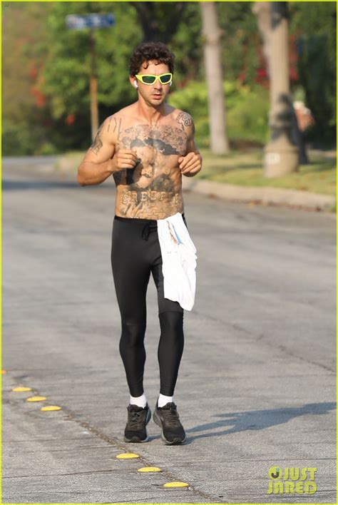 Shia Labeouf Goes For A Shirtless Jog Puts All His Tattoos On Display