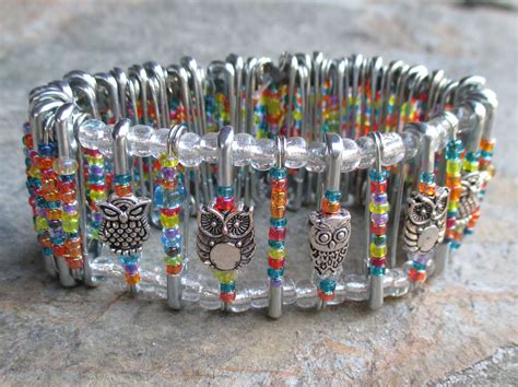 Bracelet Made From Safety Pins Seed Beads And Owl Findings Safety Pin Jewelry Beaded