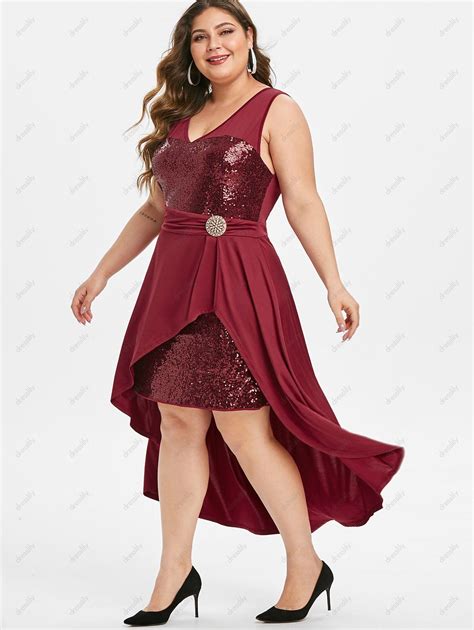 Off Plus Size Sequin High Low Party Dress In Red Wine