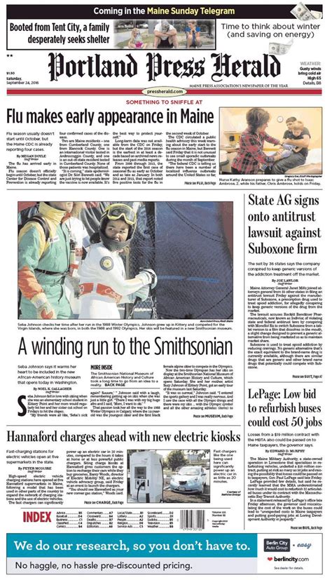 Todays Portland Press Herald Front Page Saturday September 24 2016