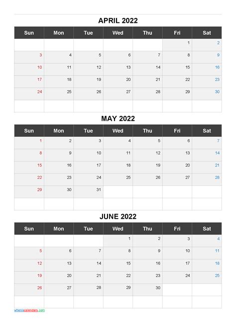 April May June 2022 Calendar Printable Q1 Q2 Q3 Q4 Calendar