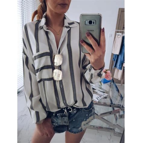 New Arrivals Fashion Women Blue White Striped Long Sleeve Turn Down Collar Women Long Button