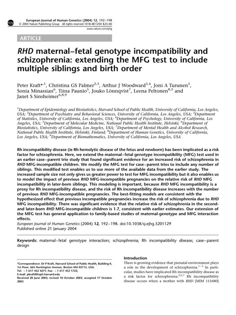 Pdf Rhd Maternal Fetal Genotype Incompatibility And Schizophrenia Extending The Mfg Test To