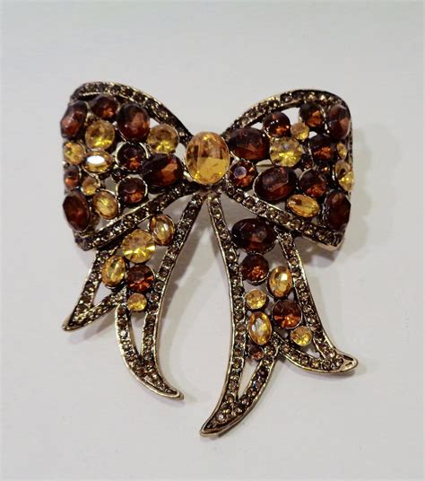 Vintage Brown And Yellow Rhinestone Gold Tone Metal Bow Brooch Etsy