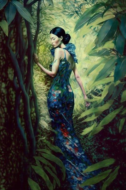 Premium Photo A Painting Of A Woman In A Blue Dress With A Flower