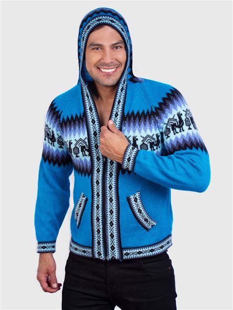 Alpaca Mens Knit Hoddie Turquoise Sweater Inti Alpaca Alpaca