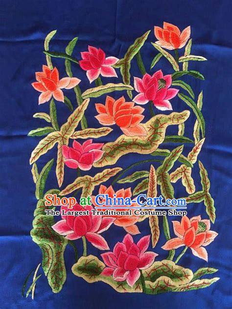 Asian Chinese Traditional Embroidered Dragon Lotus Blue Silk Patches