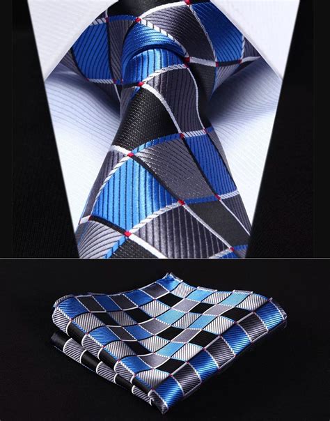 Mens Silk Coordinated Tie Set Blue Gray Check Tie And Pocket