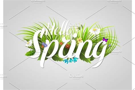 Spring Vector Text Lettering Background With Flower Floral Green Text