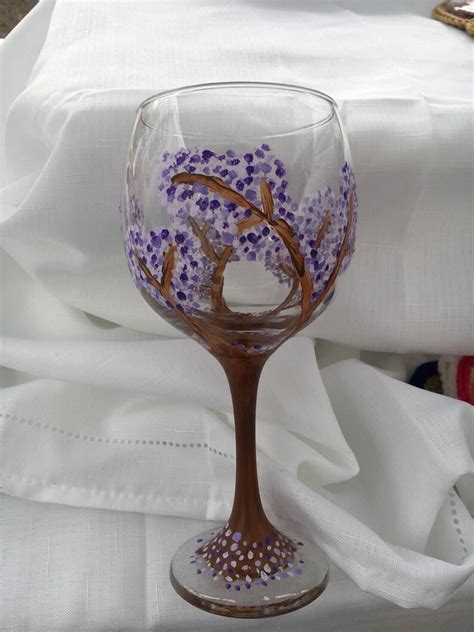 Purple Blossom Wine Glasses Hand Painted Large Wine Etsy