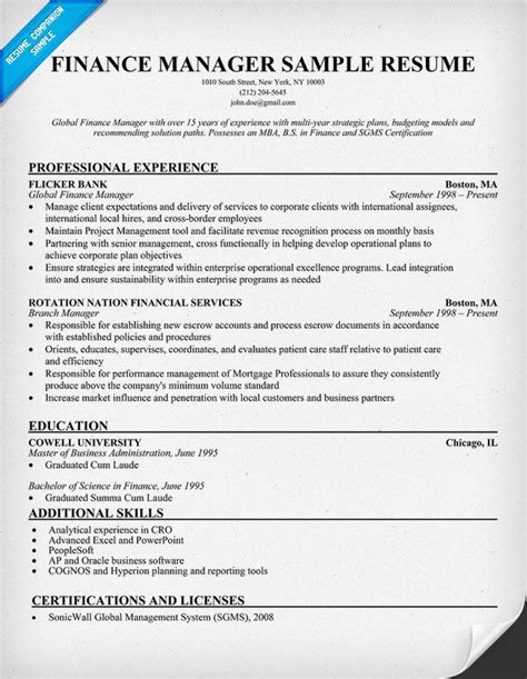 Finance project manager resume examples a finance project manager, or financial project manager, is in charge of projects that have a direct impact on a company's revenues. Finance Resume Writing Tips | Resume, Sample resume ...