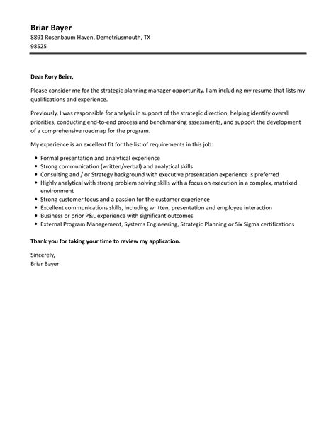 Strategic Planning Manager Cover Letter Velvet Jobs