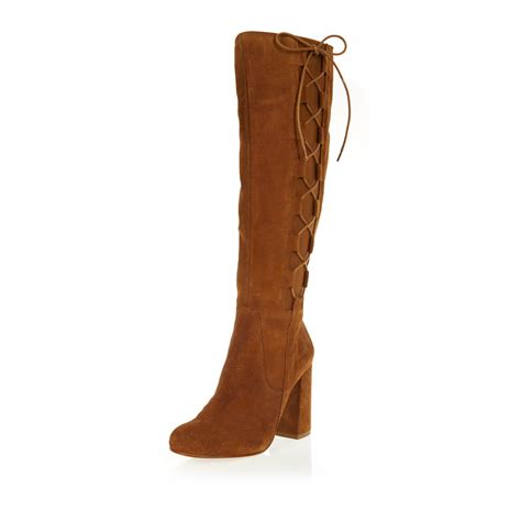 Lyst River Island Tan Suede Knee High Lace Up Boots In Brown