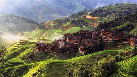 중국 자연 마을 풍경 숲 아침 언덕 아시아 계단식 필드 논 나무 안개 집 Hd 배경 화면
