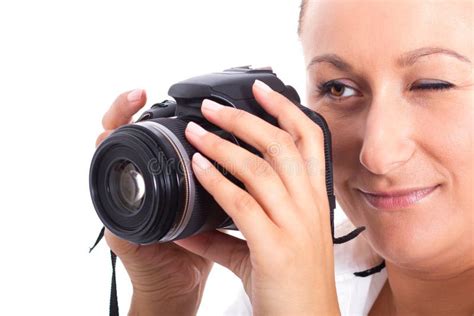 Brunette Photographer Woman Holding Camera Stock Image Image Of Adult