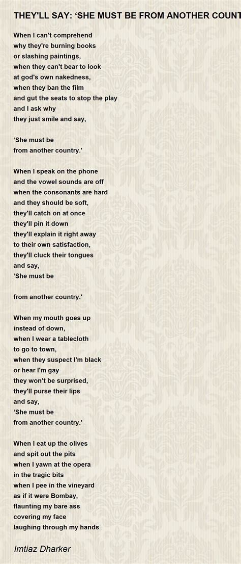 Theyll Say ‘she Must Be From Another Country Poem By Imtiaz Dharker