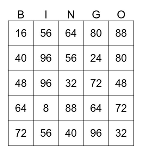8 Times Table Bingo Card