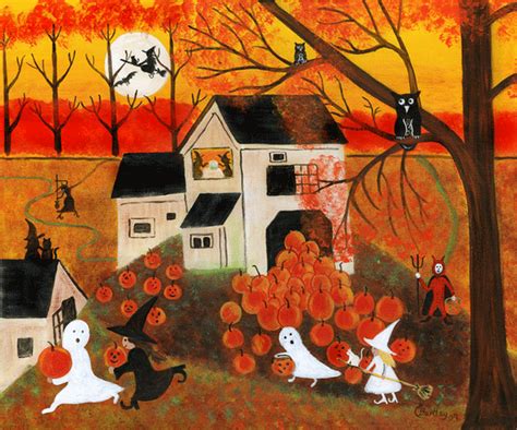 Halloween Ghost Witches Autumn Pumpkins Folk Art Painting