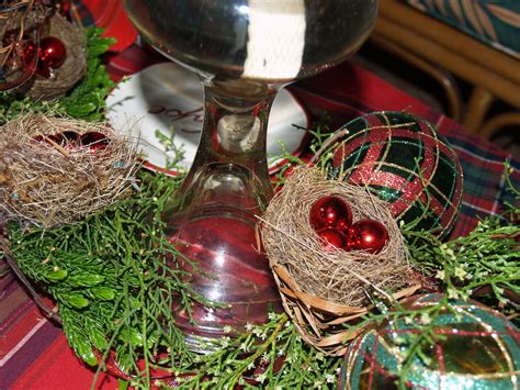 Bird Nest Table Setting Detail Christmas Bulbs Holiday Decor