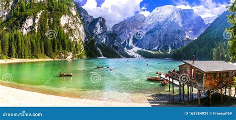 Breathtaking Alpine Scenery Dolomite Mountains Beautiful Lake Lago Di