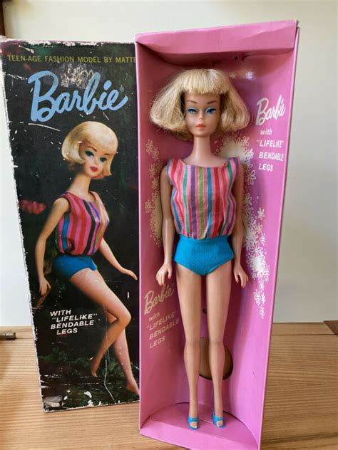 Barbie Doll 1958 Bendable Legsblonde Bubble Cut Original Swimsuit And Box Antique Price