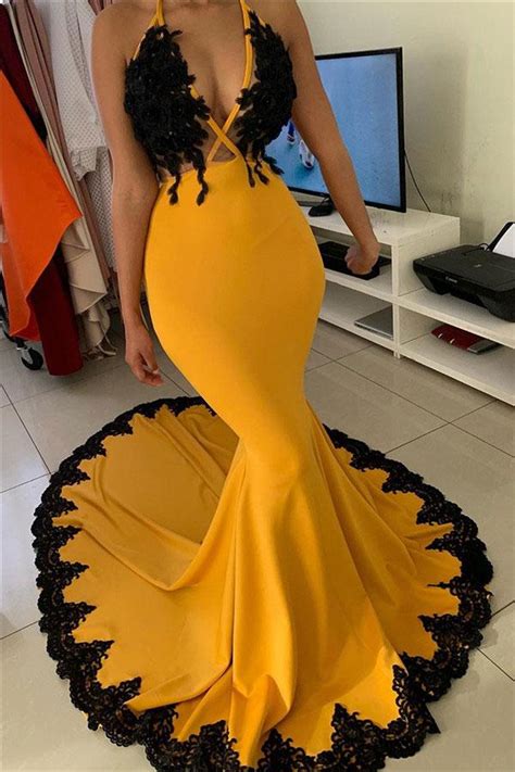 New Arrival Yellow With Black Appliques Prom Dresses South African