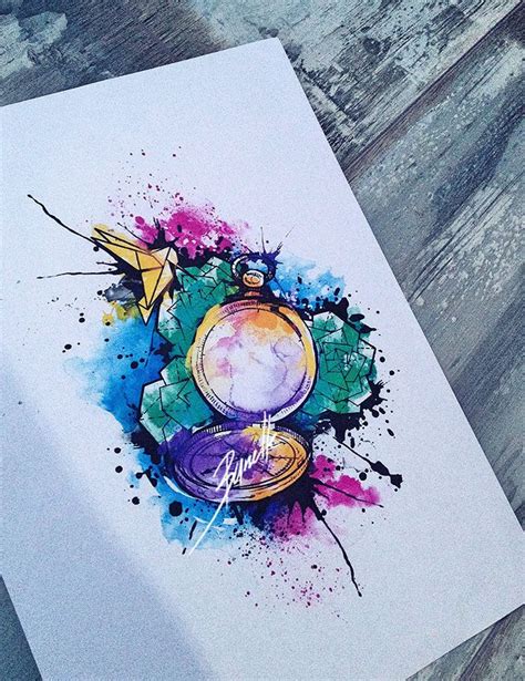 Tattoo Bird Pocket Watch Origami Watercolor Abstract
