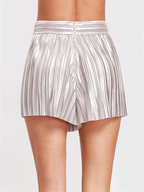 Metallic Silver Elastic Waist Pleated Shorts Sheinsheinside