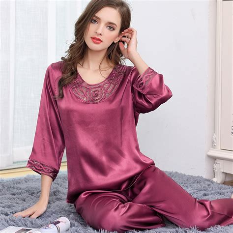 buy summer 100 silk quality pajamas sets women noble short sleeve pure color
