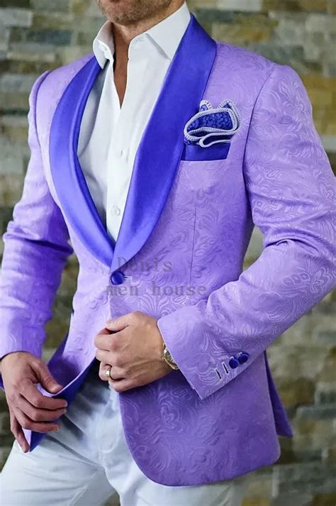 Custom Made Shawl Collar Men Suits Light Purple Tuxedo Jacquard Suits