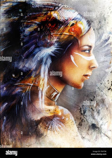 Bella Pintura De Mujer Ind Gena Nativo Americano Con El Guila Sobre