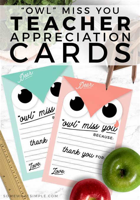 Thank You Notes For Teachers Owl Miss You Free Printable Cards