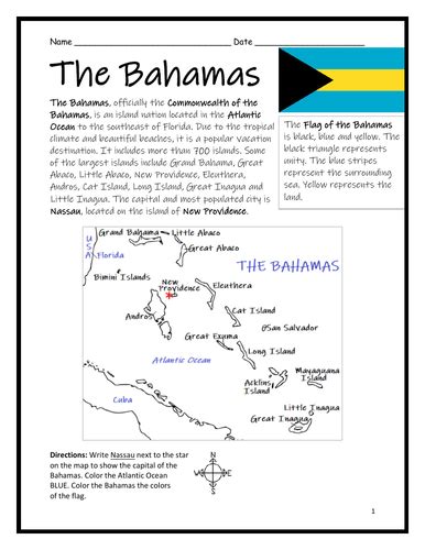 The Bahamas Introductory Geography Worksheet With Map And Flag