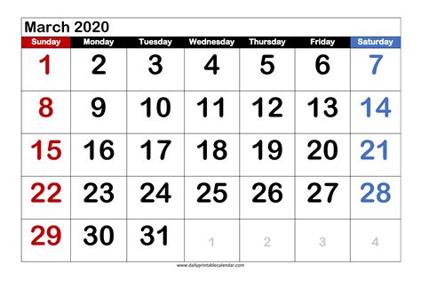 Free March 2020 Printable Calendar Calendar Letters