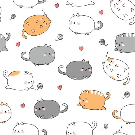 Cute Chubby Cat Kitten Cartoon Doodle Seamless Pattern 2280879 Vector