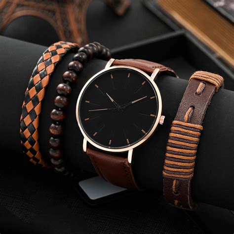4pcs Men Black Quartz Watches With Bracelets Watch Sets Business