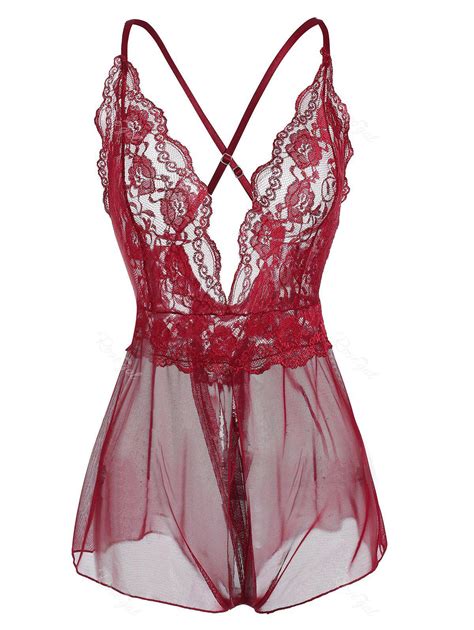 47 Off Plus Size Sheer Slit Lingerie Teddy With Lace Rosegal