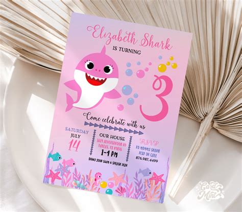 Editable Baby Shark Birthday Invitations Pink Baby Shark Pink And