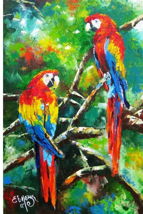 Tropical Birds Oil Palette Knife Painting On Canvas Parrot Painting