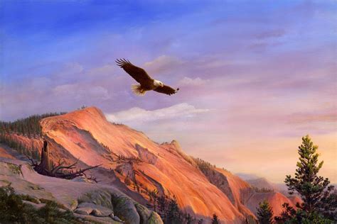 Flying American Bald Eagle Mountain Landscape Painting American West