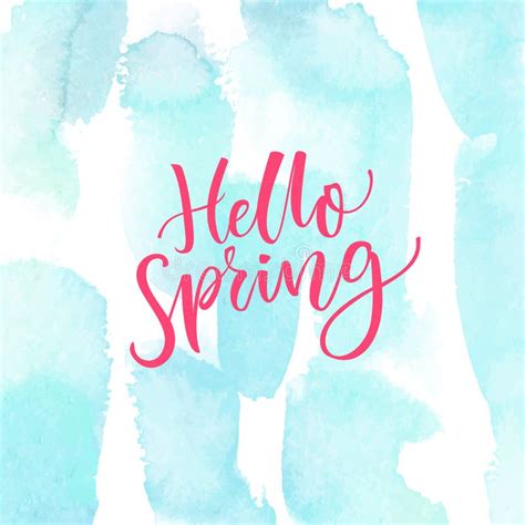 Hello Spring Modern Calligraphy Text At Blue Watercolor Texture